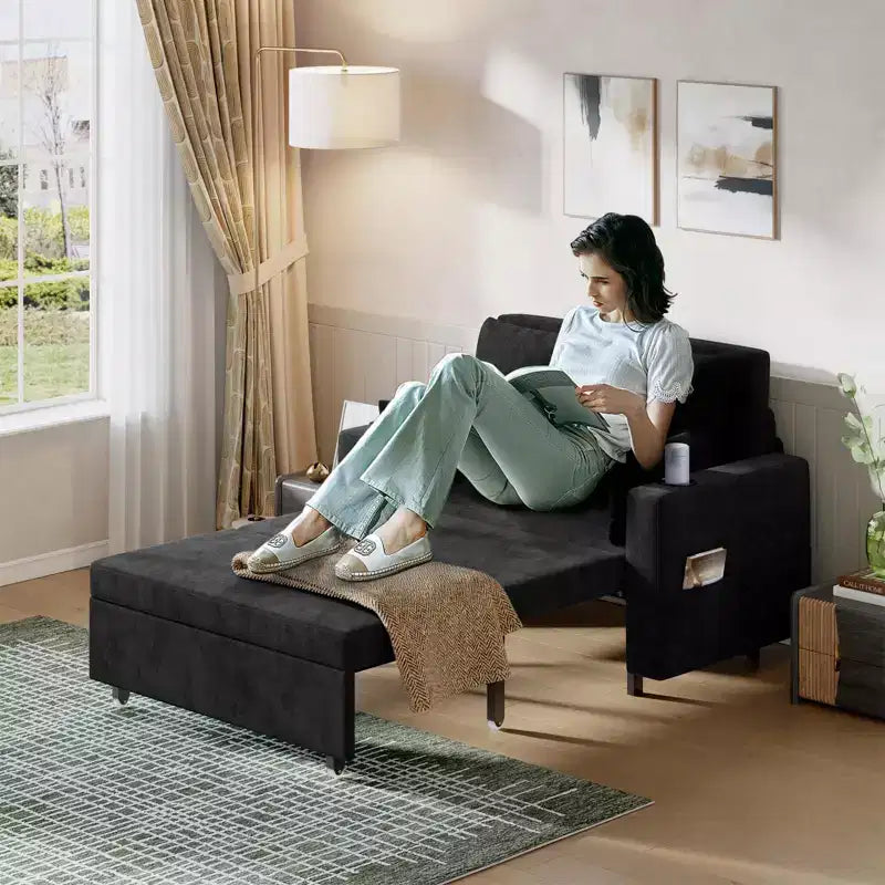 Divano letto convertibile 3-in-1, divano estraibile full size con porte USB, portabicchieri e tasche laterali, divanetto moderno per soggiorno