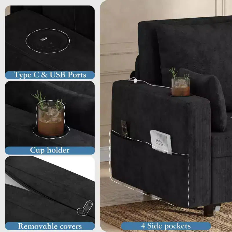 Divano letto convertibile 3-in-1, divano estraibile full size con porte USB, portabicchieri e tasche laterali, divanetto moderno per soggiorno