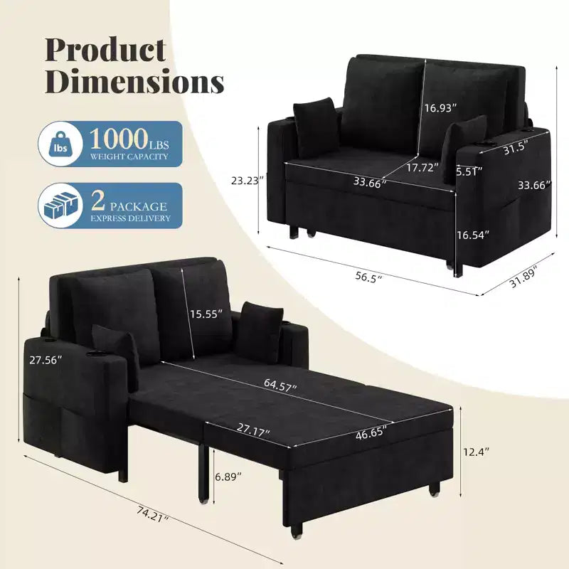 Divano letto convertibile 3-in-1, divano estraibile full size con porte USB, portabicchieri e tasche laterali, divanetto moderno per soggiorno