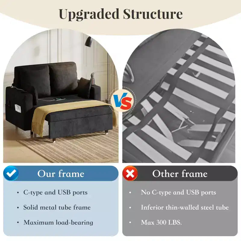 Divano letto convertibile 3-in-1, divano estraibile full size con porte USB, portabicchieri e tasche laterali, divanetto moderno per soggiorno