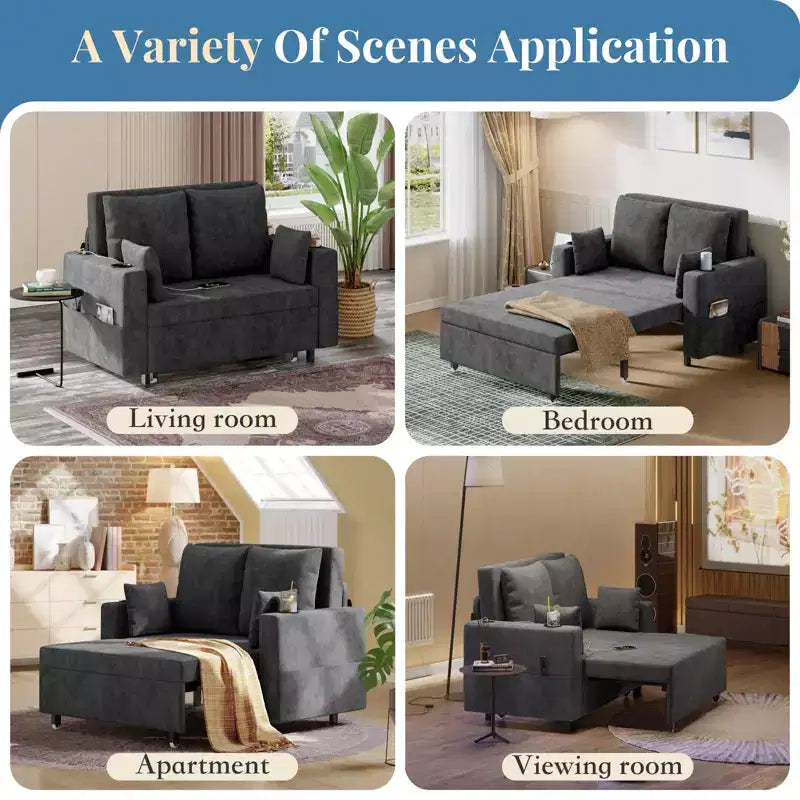 Divano letto convertibile 3-in-1, divano estraibile full size con porte USB, portabicchieri e tasche laterali, divanetto moderno per soggiorno