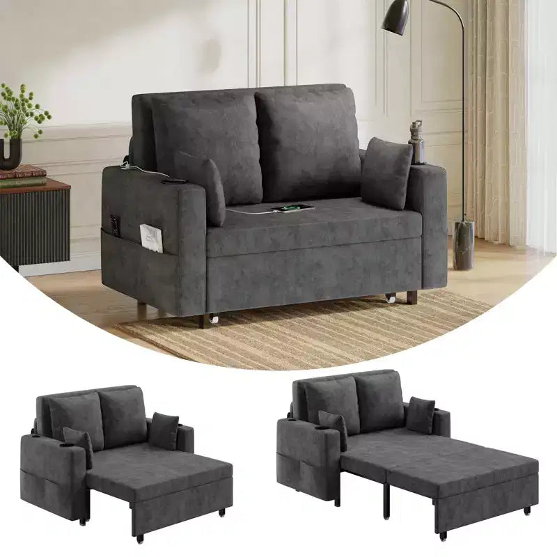 Divano letto convertibile 3-in-1, divano estraibile full size con porte USB, portabicchieri e tasche laterali, divanetto moderno per soggiorno