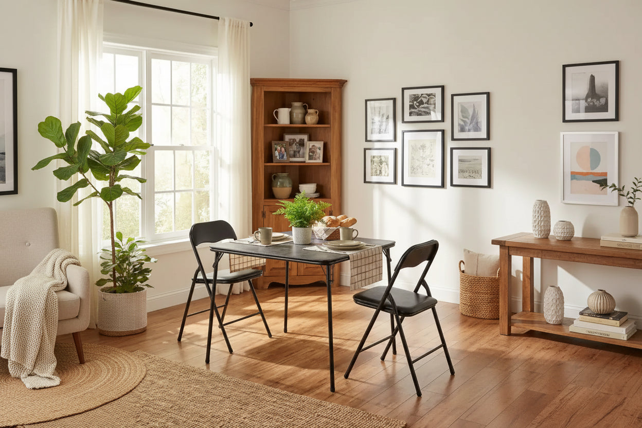FurnitureR 3-Piece Folding Dining Table Set with 2 Padded Chairs, Space-Saving Kitchen Table for Small Apartment, Metal Frame Breakfast Nook Set