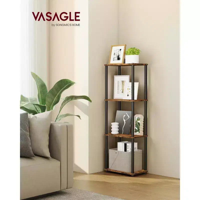 Montaggio Super Veloce Senza Attrezzi, Scaffale a 4 Ripiani per Soggiorno, Scaffale a Colonna, Libreria, Camera da Letto, Cucina, Marrone Rustico e Nero Inchiostro