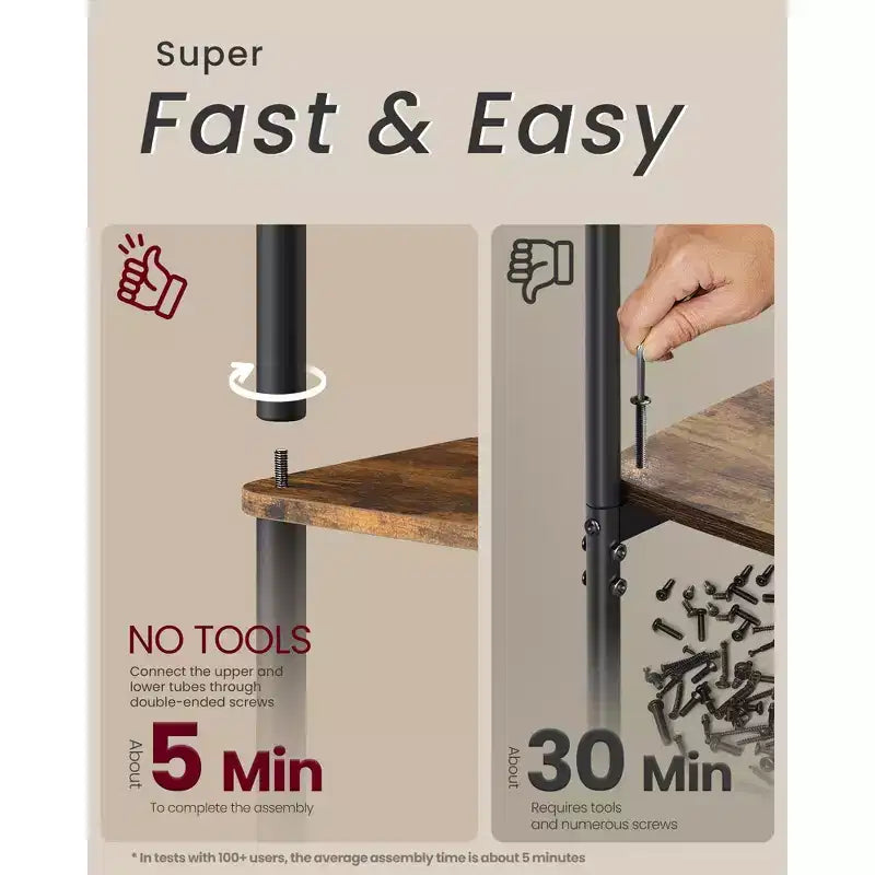Montaggio Super Veloce Senza Attrezzi, Scaffale a 4 Ripiani per Soggiorno, Scaffale a Colonna, Libreria, Camera da Letto, Cucina, Marrone Rustico e Nero Inchiostro