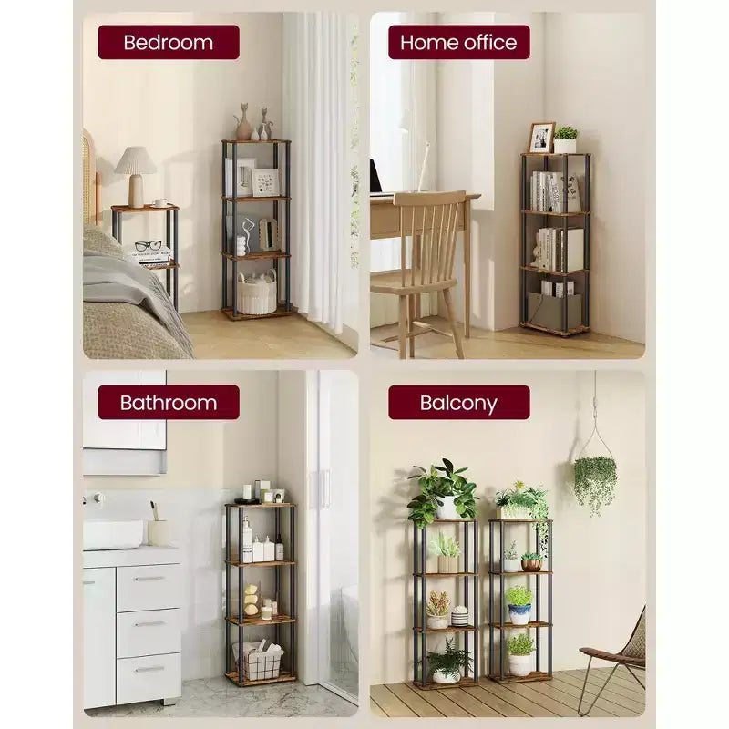 Montaggio Super Veloce Senza Attrezzi, Scaffale a 4 Ripiani per Soggiorno, Scaffale a Colonna, Libreria, Camera da Letto, Cucina, Marrone Rustico e Nero Inchiostro