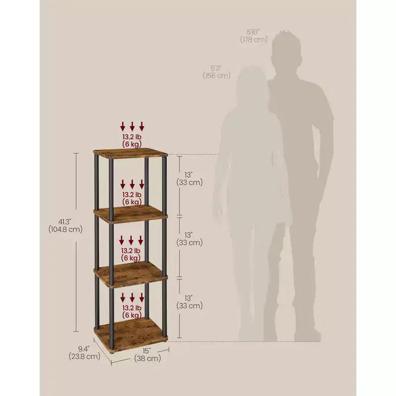Montaggio Super Veloce Senza Attrezzi, Scaffale a 4 Ripiani per Soggiorno, Scaffale a Colonna, Libreria, Camera da Letto, Cucina, Marrone Rustico e Nero Inchiostro