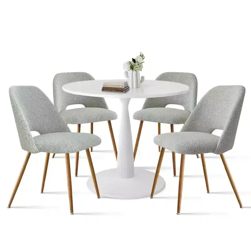 Tavolo da Pranzo Rotondo da 35" per 4 Persone, Tavolo a Colonna Bianco e Sedie Imbottite in Bouclé con Gambe in Metallo, Ideale per Piccoli Spazi