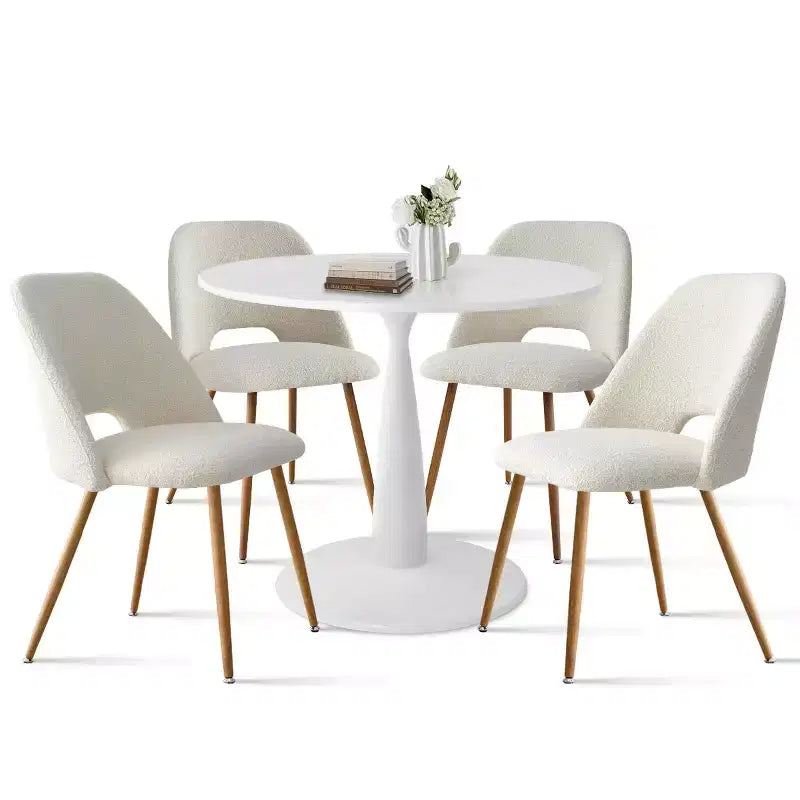 Tavolo da Pranzo Rotondo da 35" per 4 Persone, Tavolo a Colonna Bianco e Sedie Imbottite in Bouclé con Gambe in Metallo, Ideale per Piccoli Spazi