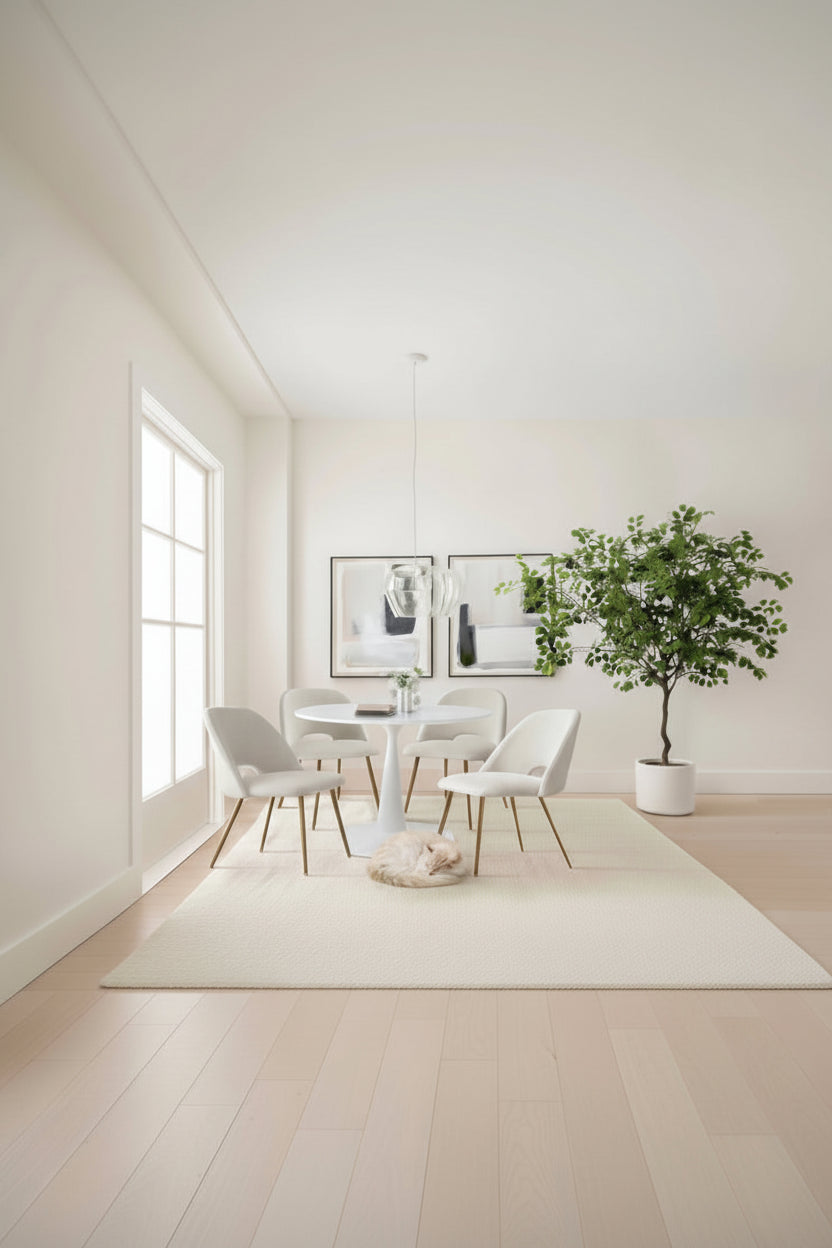 35 Round Dining Table Set for 4, White Pedestal Table and Boucle Upholstered Chairs with Metal Legs, Ideal for Small Spaces-Panipeachy