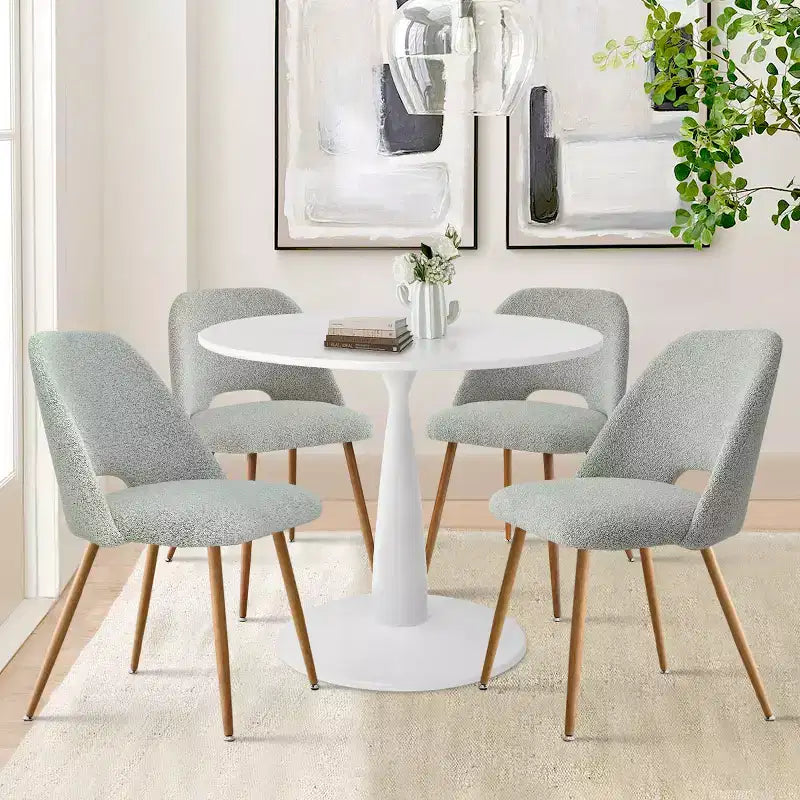 Tavolo da Pranzo Rotondo da 35" per 4 Persone, Tavolo a Colonna Bianco e Sedie Imbottite in Bouclé con Gambe in Metallo, Ideale per Piccoli Spazi