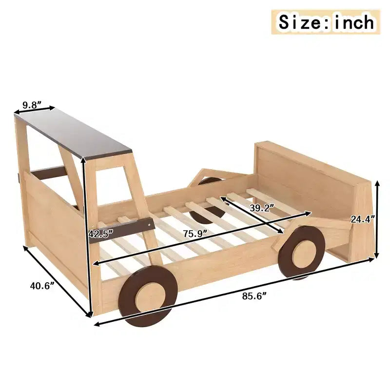 Letto per auto a una piazza con ripiani portaoggetti, letto a piattaforma in legno a forma di auto per bambini