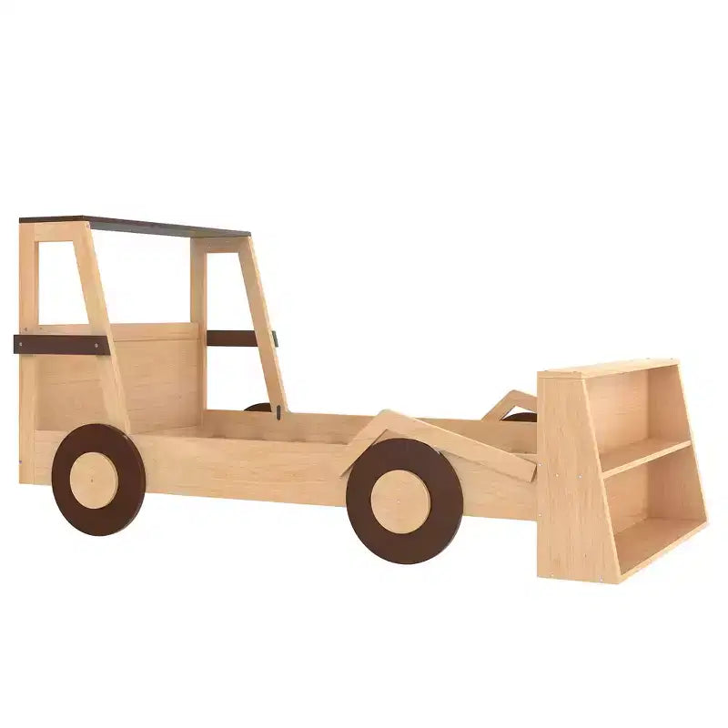 Letto per auto a una piazza con ripiani portaoggetti, letto a piattaforma in legno a forma di auto per bambini