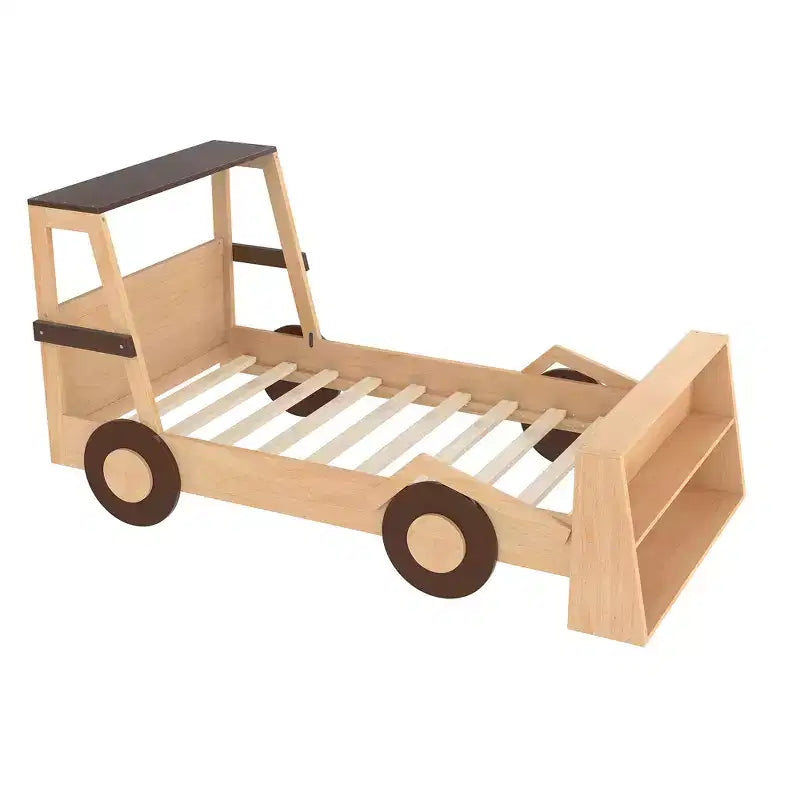 Letto per auto a una piazza con ripiani portaoggetti, letto a piattaforma in legno a forma di auto per bambini