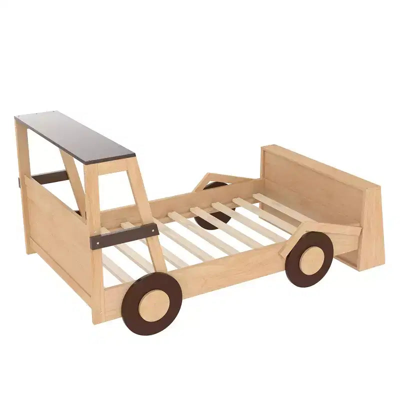 Letto per auto a una piazza con ripiani portaoggetti, letto a piattaforma in legno a forma di auto per bambini