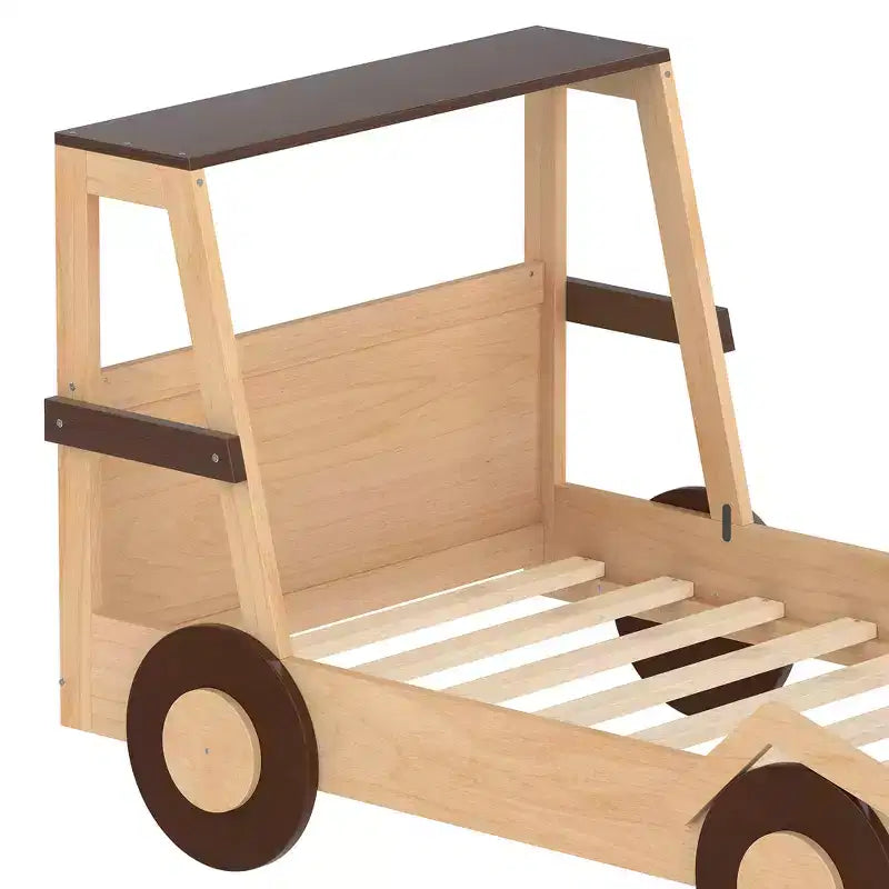 Letto per auto a una piazza con ripiani portaoggetti, letto a piattaforma in legno a forma di auto per bambini
