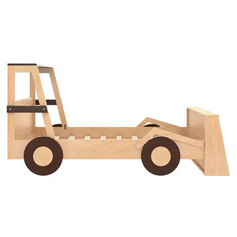 Letto per auto a una piazza con ripiani portaoggetti, letto a piattaforma in legno a forma di auto per bambini
