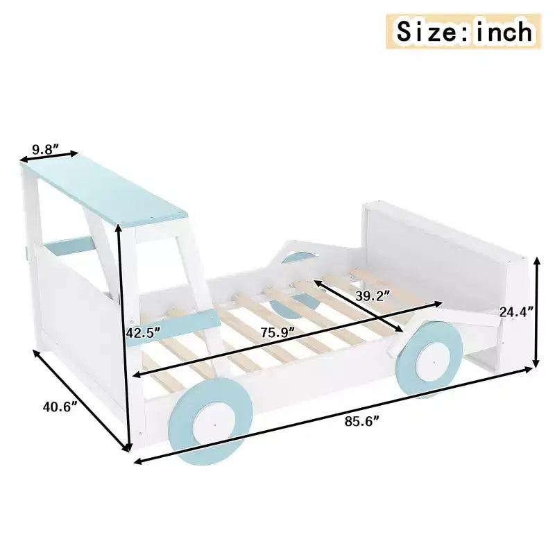 Letto per auto a una piazza con ripiani portaoggetti, letto a piattaforma in legno a forma di auto per bambini