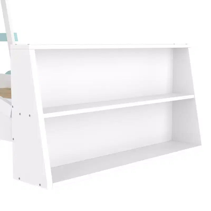 Letto per auto a una piazza con ripiani portaoggetti, letto a piattaforma in legno a forma di auto per bambini