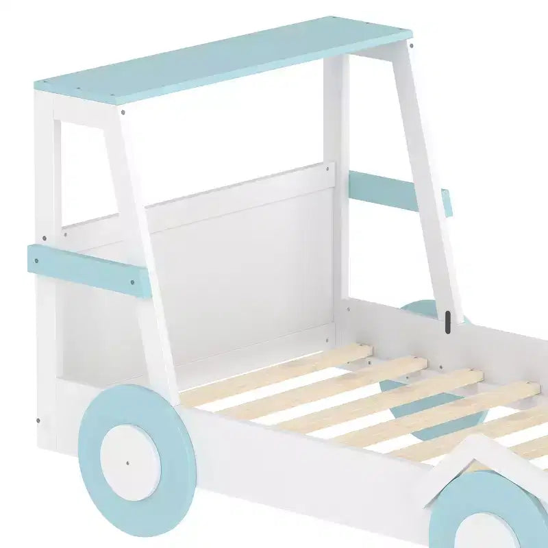 Letto per auto a una piazza con ripiani portaoggetti, letto a piattaforma in legno a forma di auto per bambini