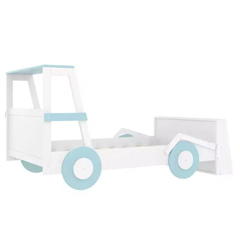 Letto per auto a una piazza con ripiani portaoggetti, letto a piattaforma in legno a forma di auto per bambini
