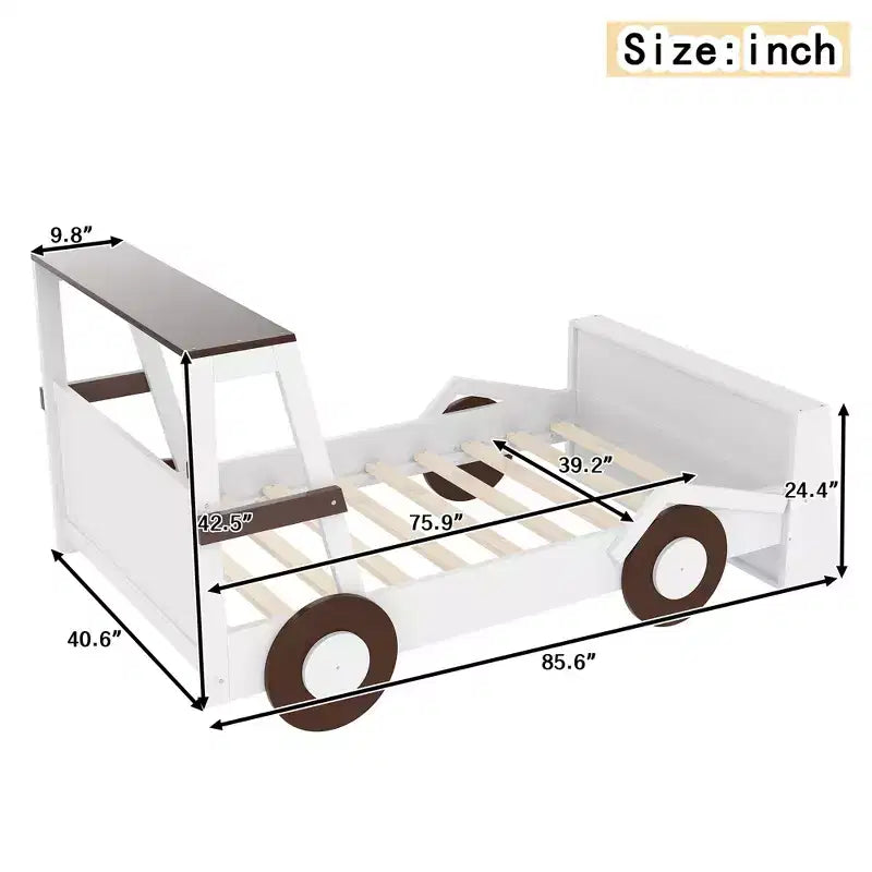Letto per auto a una piazza con ripiani portaoggetti, letto a piattaforma in legno a forma di auto per bambini