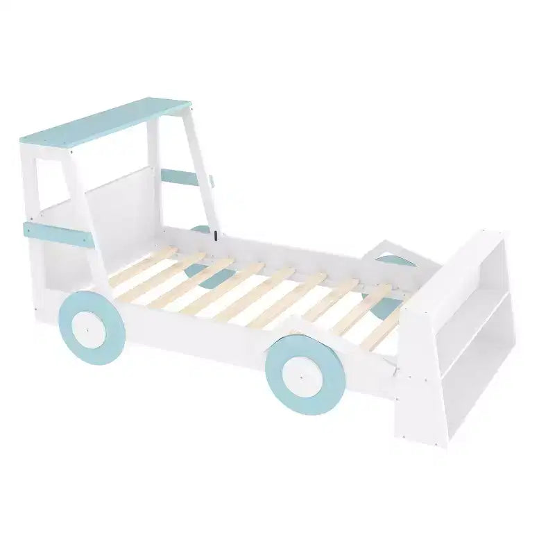 Letto per auto a una piazza con ripiani portaoggetti, letto a piattaforma in legno a forma di auto per bambini