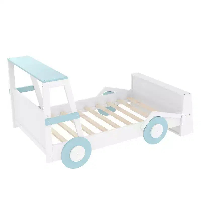 Letto per auto a una piazza con ripiani portaoggetti, letto a piattaforma in legno a forma di auto per bambini