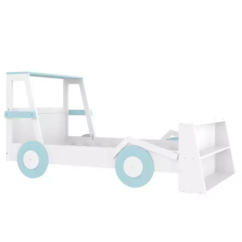 Letto per auto a una piazza con ripiani portaoggetti, letto a piattaforma in legno a forma di auto per bambini