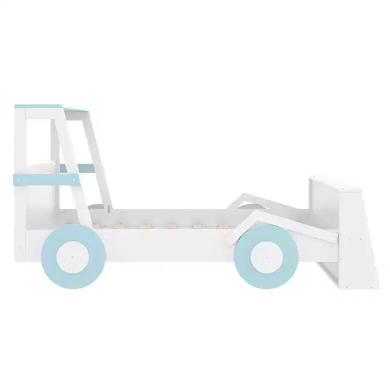Letto per auto a una piazza con ripiani portaoggetti, letto a piattaforma in legno a forma di auto per bambini