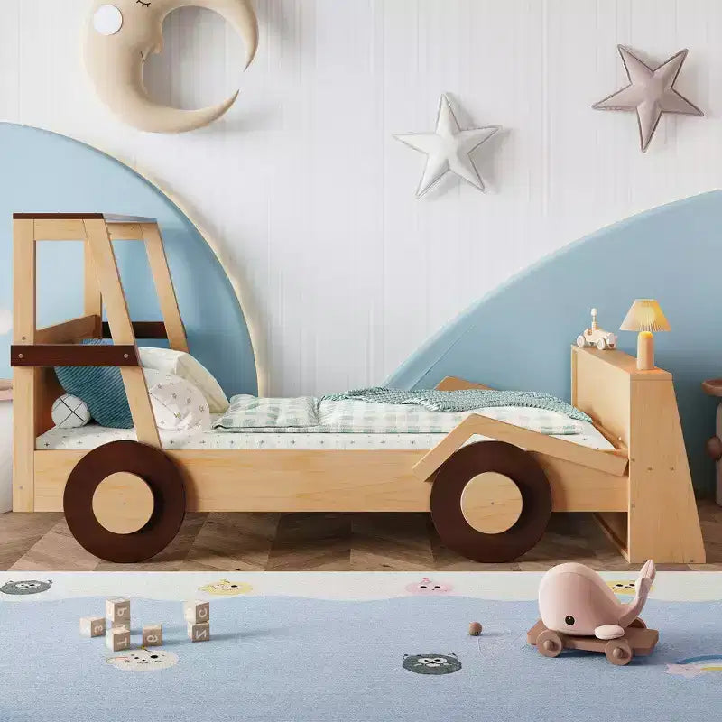 Letto per auto a una piazza con ripiani portaoggetti, letto a piattaforma in legno a forma di auto per bambini