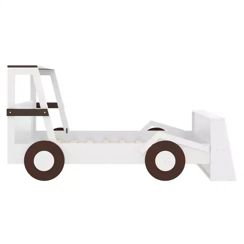 Letto per auto a una piazza con ripiani portaoggetti, letto a piattaforma in legno a forma di auto per bambini