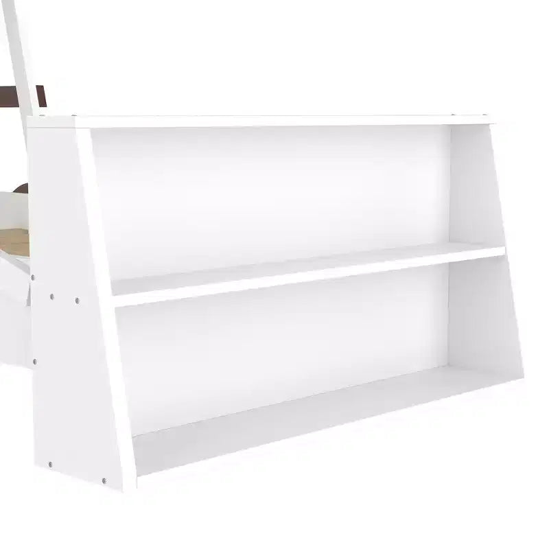 Letto per auto a una piazza con ripiani portaoggetti, letto a piattaforma in legno a forma di auto per bambini