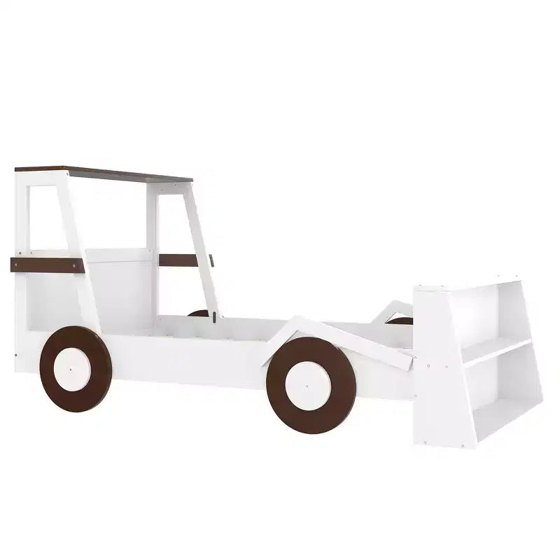 Letto per auto a una piazza con ripiani portaoggetti, letto a piattaforma in legno a forma di auto per bambini