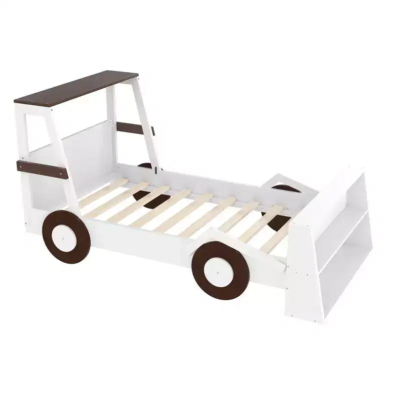 Letto per auto a una piazza con ripiani portaoggetti, letto a piattaforma in legno a forma di auto per bambini