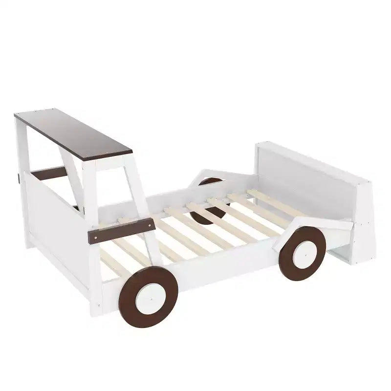 Letto per auto a una piazza con ripiani portaoggetti, letto a piattaforma in legno a forma di auto per bambini