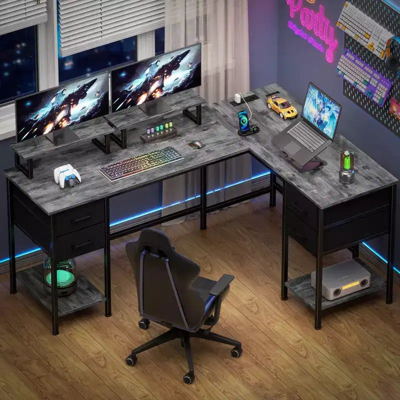 Qwatto 59 Inch Grey L Shaped Computer Desk with Charging Station Two Person Gaming Desk 4 Drawers 2 Monitor Stands Home Office Corner Workstation