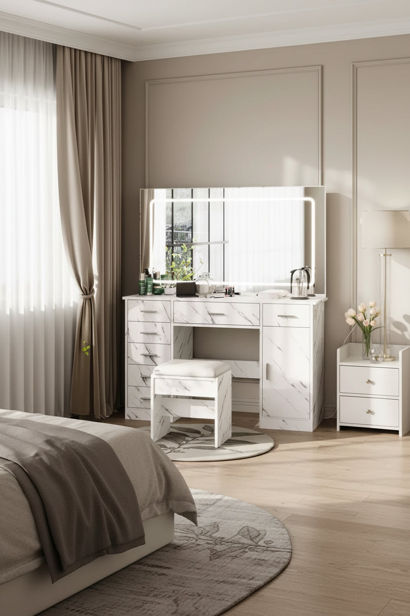Toeletta da trucco moderna con 7 cassetti, specchio grande, 3 modalità regolabili, supporto per asciugacapelli, tavolo da trucco per camera da letto