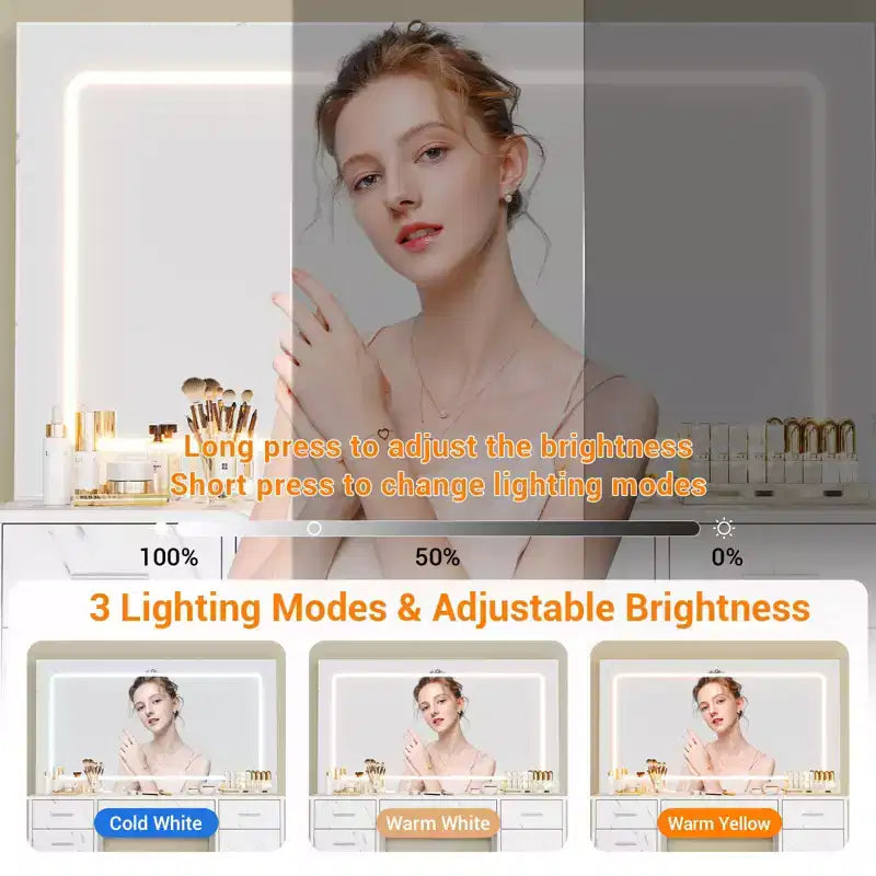 Toeletta da trucco moderna con 7 cassetti, specchio grande, 3 modalità regolabili, supporto per asciugacapelli, tavolo da trucco per camera da letto