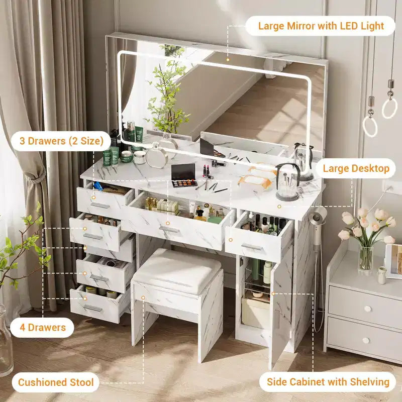 Toeletta da trucco moderna con 7 cassetti, specchio grande, 3 modalità regolabili, supporto per asciugacapelli, tavolo da trucco per camera da letto