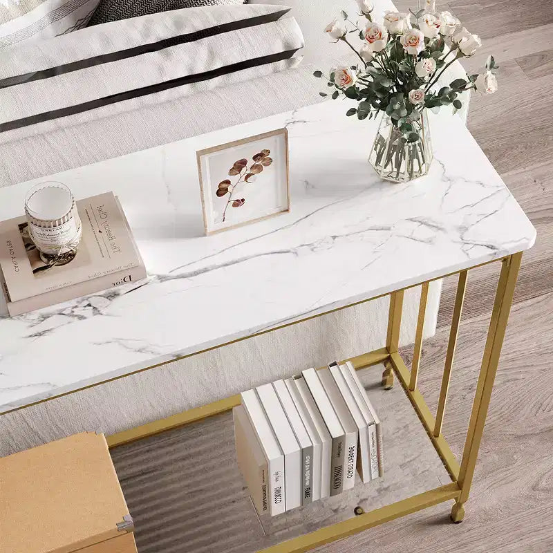 Console Table, Tavoli da Divano, Tavolino Stretto da Ingresso con Ripiano in Legno e Struttura in Metallo, Tavolo Industriale da 105,4 cm Dietro il Divano per Soggiorno