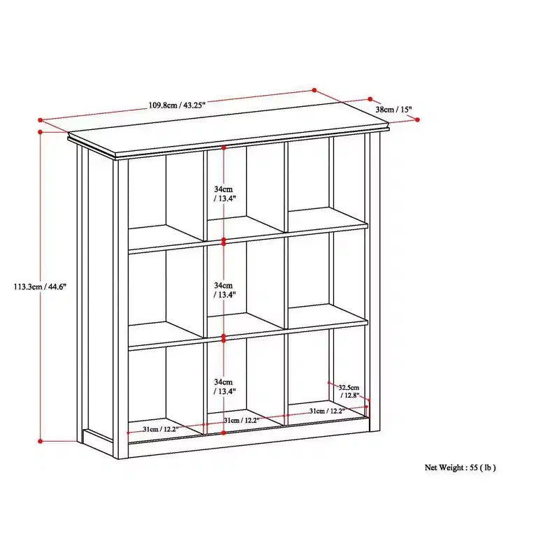 Libreria e Unità Contenitore Transizionale Stratford in LEGNO MASSICCIO a 9 cubi da 45 pollici x 43 pollici
