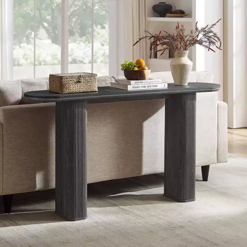 63 Tavolino da Consolle Moderno, Tavoli Stretti da Ingresso per Corridoio, Piano ad Arco Effetto Marmo, Tavolino Laterale Scanalato per Divano da Soggiorno