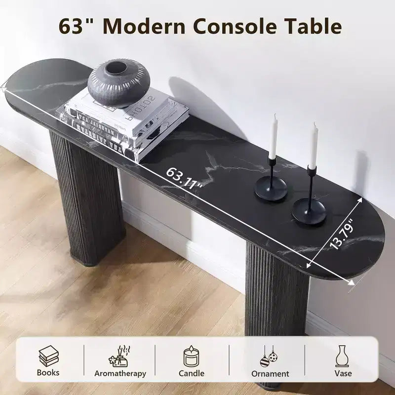 63 Tavolino da Consolle Moderno, Tavoli Stretti da Ingresso per Corridoio, Piano ad Arco Effetto Marmo, Tavolino Laterale Scanalato per Divano da Soggiorno