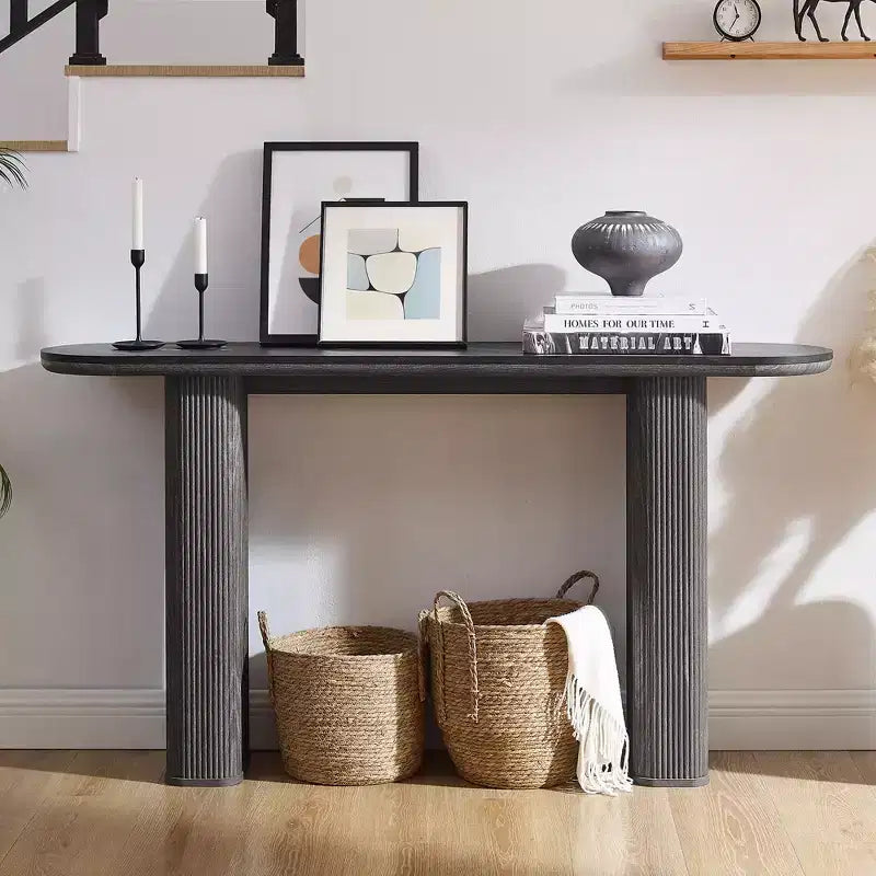 63 Tavolino da Consolle Moderno, Tavoli Stretti da Ingresso per Corridoio, Piano ad Arco Effetto Marmo, Tavolino Laterale Scanalato per Divano da Soggiorno