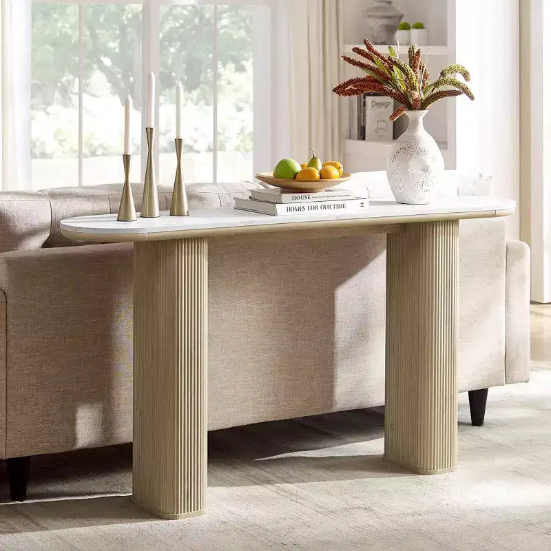 63 Tavolino da Consolle Moderno, Tavoli Stretti da Ingresso per Corridoio, Piano ad Arco Effetto Marmo, Tavolino Laterale Scanalato per Divano da Soggiorno