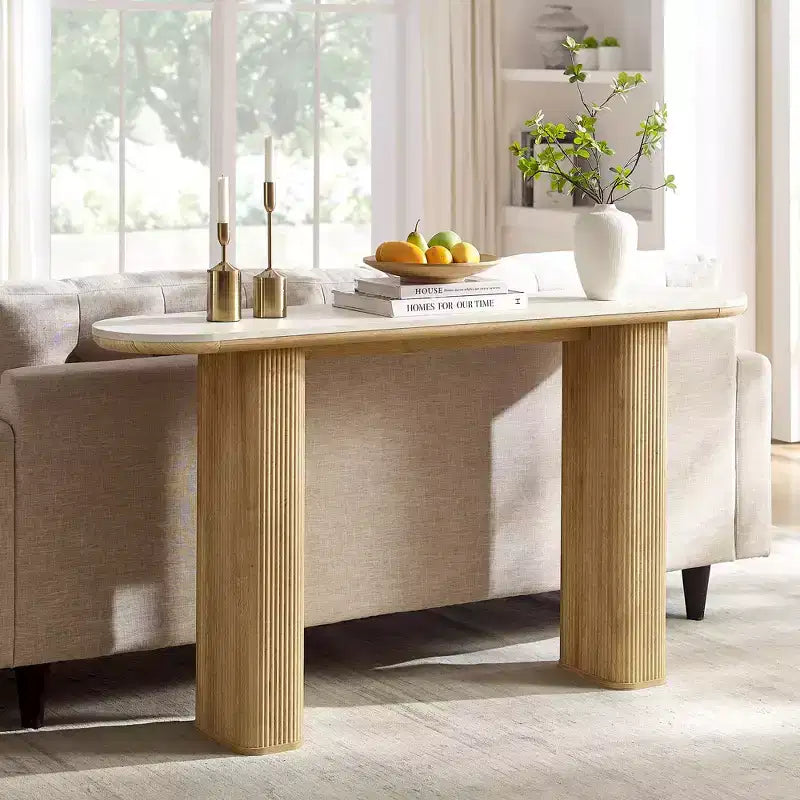 63 Tavolino da Consolle Moderno, Tavoli Stretti da Ingresso per Corridoio, Piano ad Arco Effetto Marmo, Tavolino Laterale Scanalato per Divano da Soggiorno