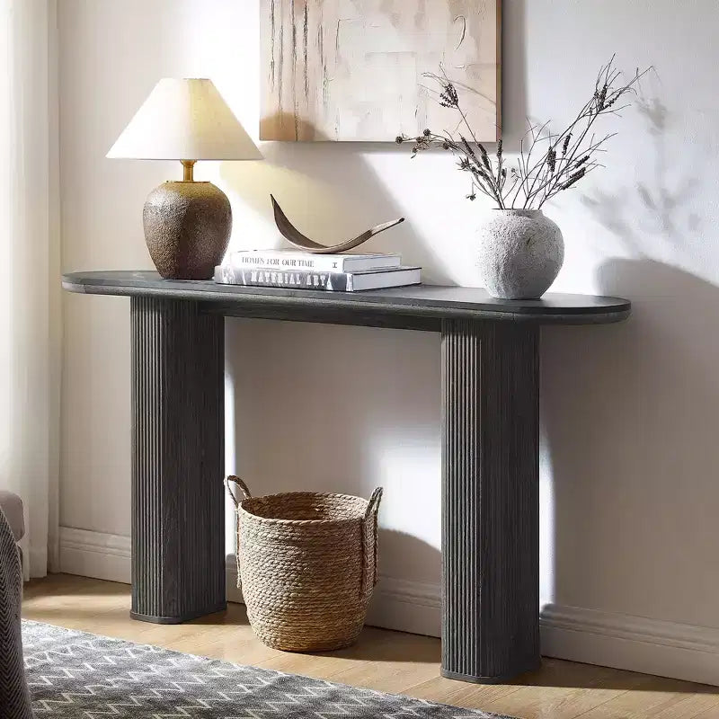 63 Tavolino da Consolle Moderno, Tavoli Stretti da Ingresso per Corridoio, Piano ad Arco Effetto Marmo, Tavolino Laterale Scanalato per Divano da Soggiorno
