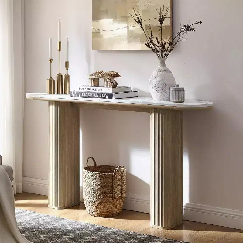 63 Tavolino da Consolle Moderno, Tavoli Stretti da Ingresso per Corridoio, Piano ad Arco Effetto Marmo, Tavolino Laterale Scanalato per Divano da Soggiorno