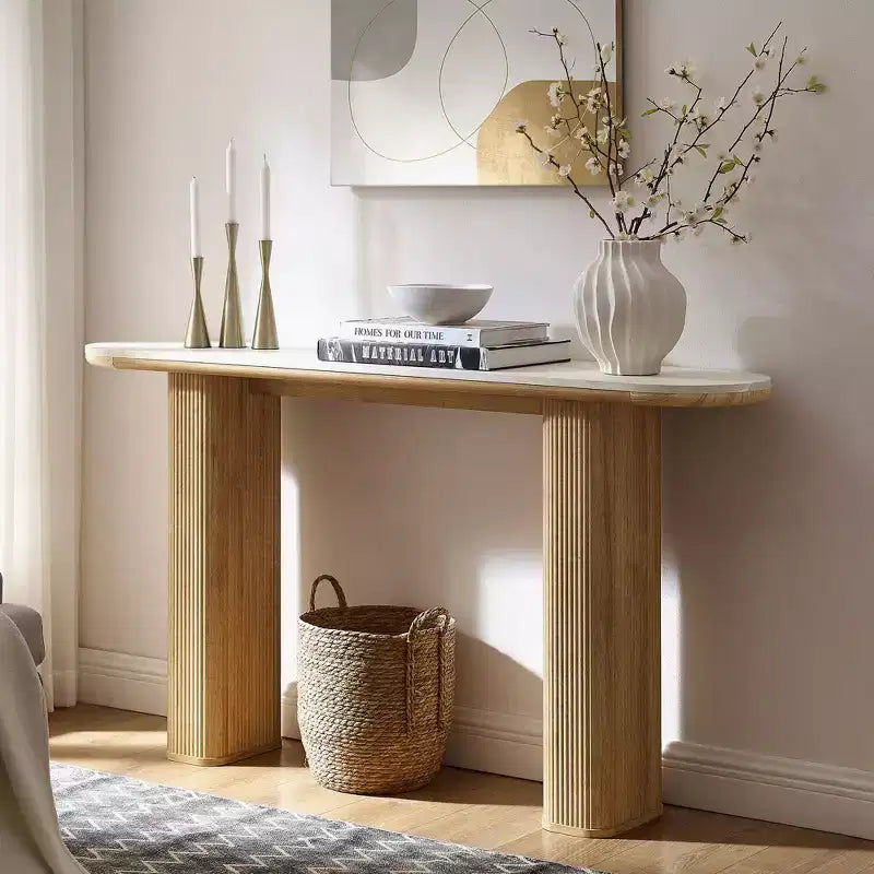 63 Tavolino da Consolle Moderno, Tavoli Stretti da Ingresso per Corridoio, Piano ad Arco Effetto Marmo, Tavolino Laterale Scanalato per Divano da Soggiorno
